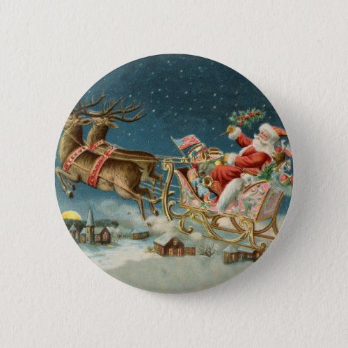 Santa Claus Christmas Antique Sleigh Reindeer Button
