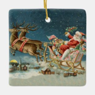 Santa Claus Christmas Antique Sleigh Reindeer Ceramic Ornament