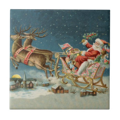 Santa Claus Christmas Antique Sleigh Reindeer Ceramic Tile