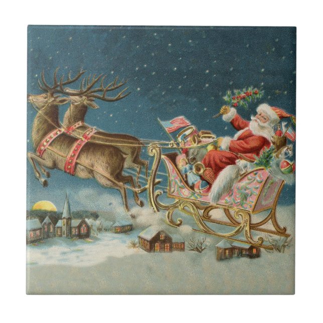 Santa Claus Christmas Antique Sleigh Reindeer Ceramic Tile (Front)