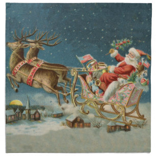Santa Claus Christmas Antique Sleigh Reindeer Cloth Napkin