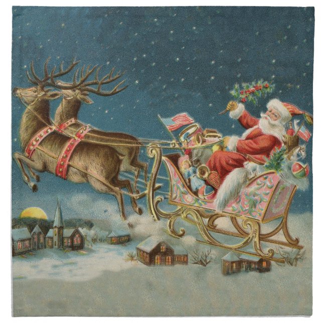 Santa Claus Christmas Antique Sleigh Reindeer Cloth Napkin (Front)