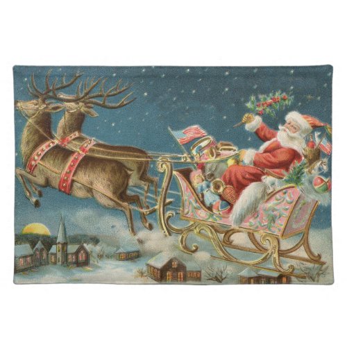 Santa Claus Christmas Antique Sleigh Reindeer Cloth Placemat