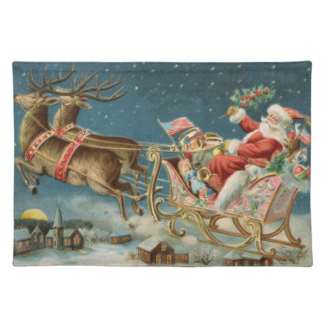 Santa Claus Christmas Antique Sleigh Reindeer Cloth Placemat (Front)