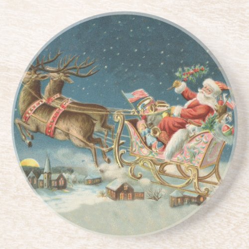 Santa Claus Christmas Antique Sleigh Reindeer Coaster