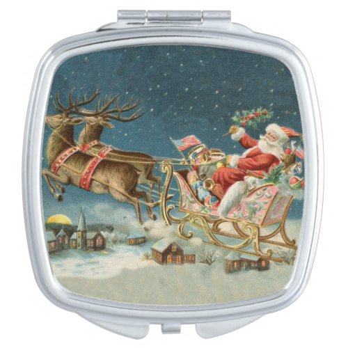 Santa Claus Christmas Antique Sleigh Reindeer Compact Mirror