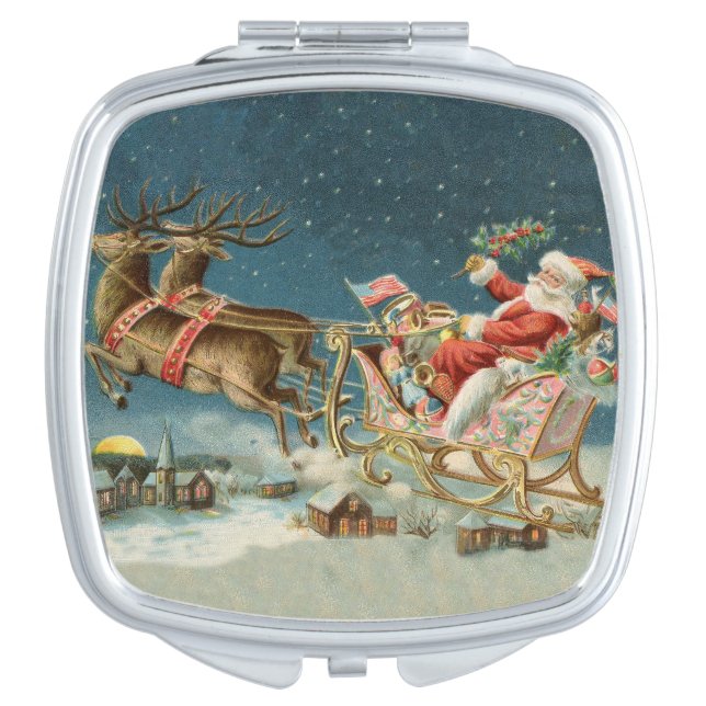 Santa Claus Christmas Antique Sleigh Reindeer Compact Mirror (Front)