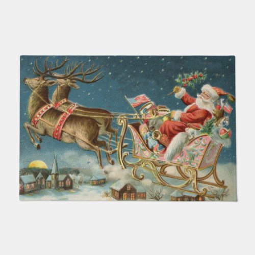 Santa Claus Christmas Antique Sleigh Reindeer Doormat