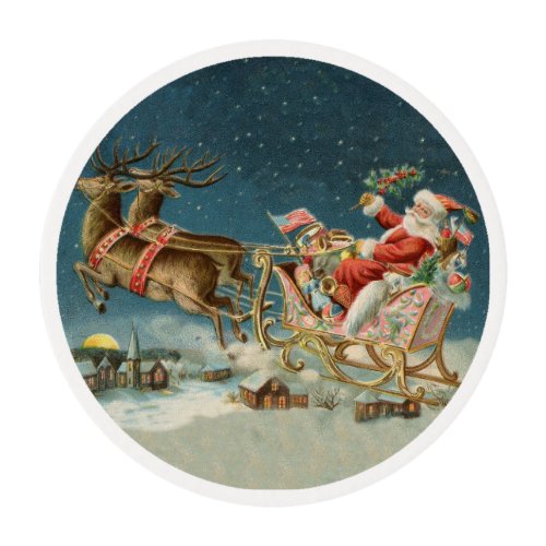 Santa Claus Christmas Antique Sleigh Reindeer Edible Frosting Rounds