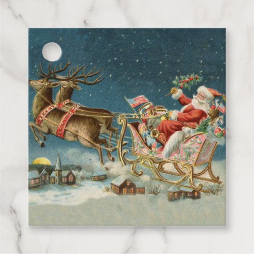 Santa Claus Christmas Antique Sleigh Reindeer Favor Tags