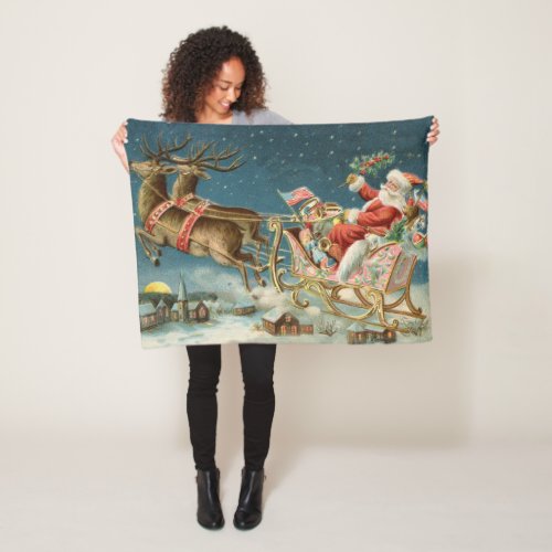 Santa Claus Christmas Antique Sleigh Reindeer Fleece Blanket