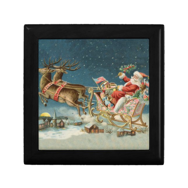 Santa Claus Christmas Antique Sleigh Reindeer Gift Box (Front)