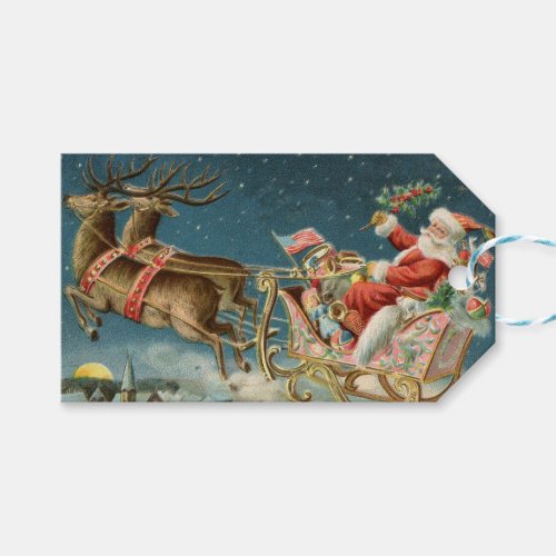 Santa Claus Christmas Antique Sleigh Reindeer Gift Tags
