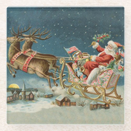 Santa Claus Christmas Antique Sleigh Reindeer Glass Coaster