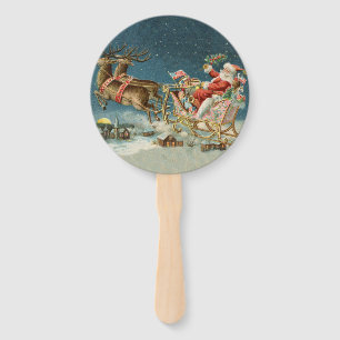 Santa Claus Christmas Antique Sleigh Reindeer Hand Fan