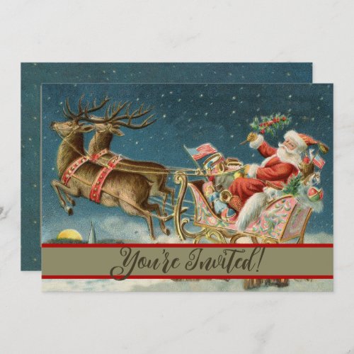 Santa Claus Christmas Antique Sleigh Reindeer Invitation
