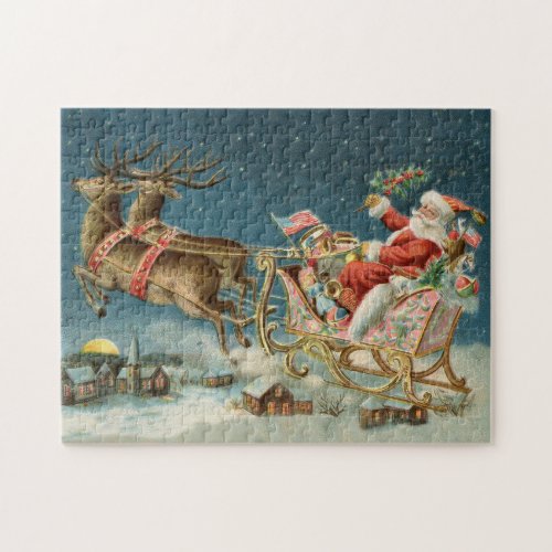Santa Claus Christmas Antique Sleigh Reindeer Jigsaw Puzzle