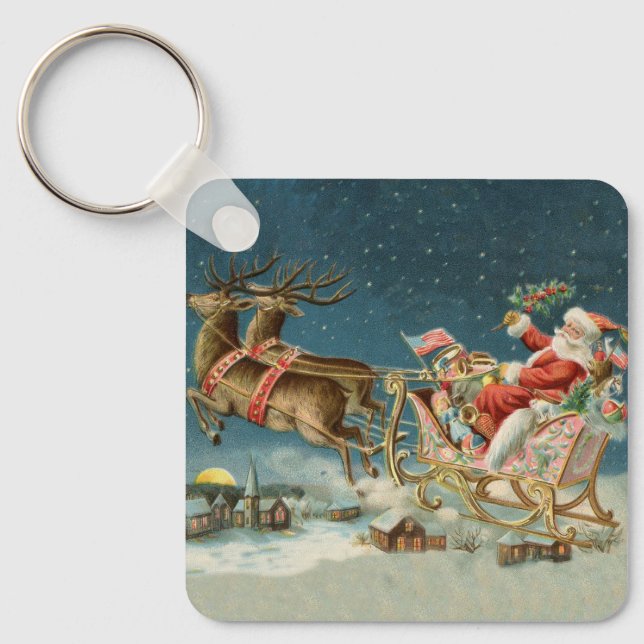 Santa Claus Christmas Antique Sleigh Reindeer Keychain (Front)