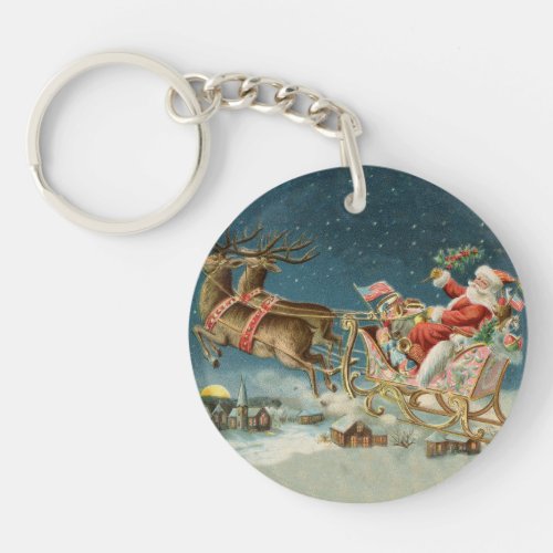 Santa Claus Christmas Antique Sleigh Reindeer Keychain