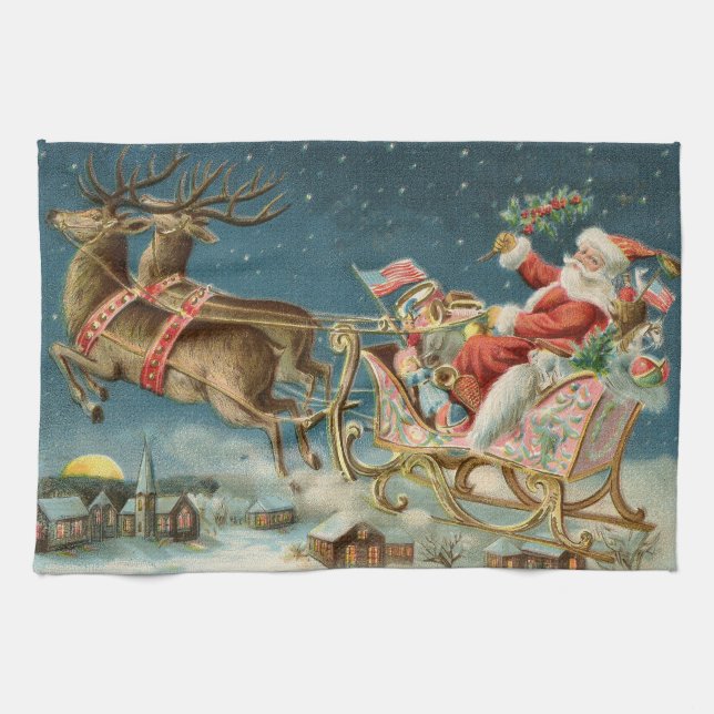 Santa Claus Christmas Antique Sleigh Reindeer Kitchen Towel (Horizontal)