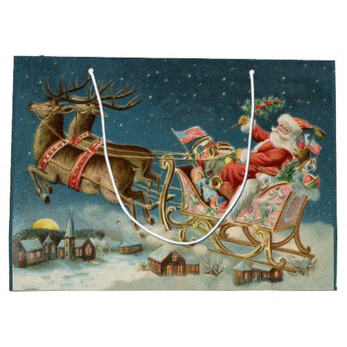 Santa Claus Christmas Antique Sleigh Reindeer Large Gift Bag