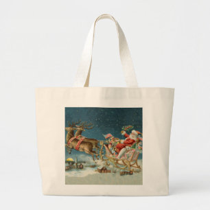 Santa Claus Christmas Antique Sleigh Reindeer Large Tote Bag