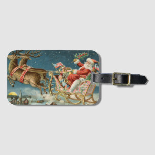Santa Claus Christmas Antique Sleigh Reindeer Luggage Tag