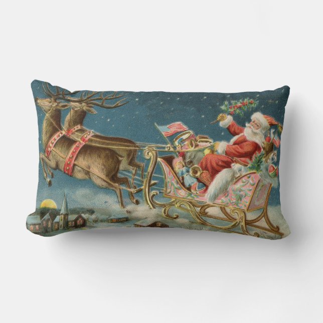 Santa Claus Christmas Antique Sleigh Reindeer Lumbar Pillow (Front)