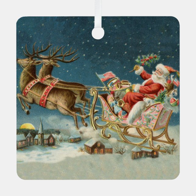 Santa Claus Christmas Antique Sleigh Reindeer Metal Ornament (Front)