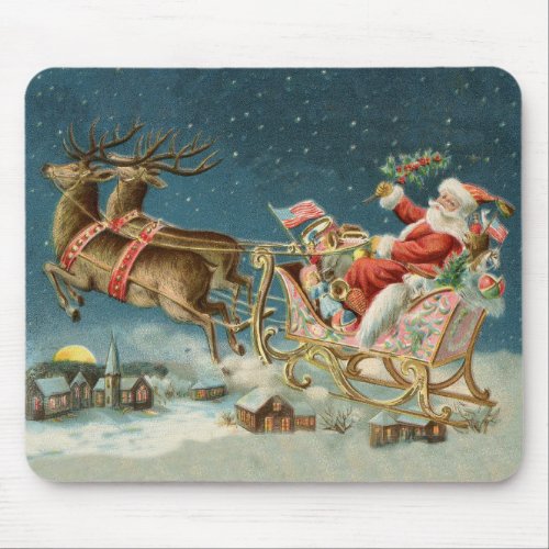 Santa Claus Christmas Antique Sleigh Reindeer Mouse Pad