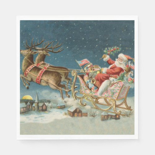 Santa Claus Christmas Antique Sleigh Reindeer Napkins