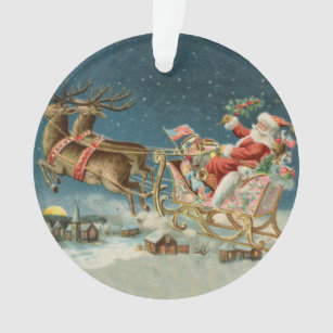 Santa Claus Christmas Antique Sleigh Reindeer Ornament