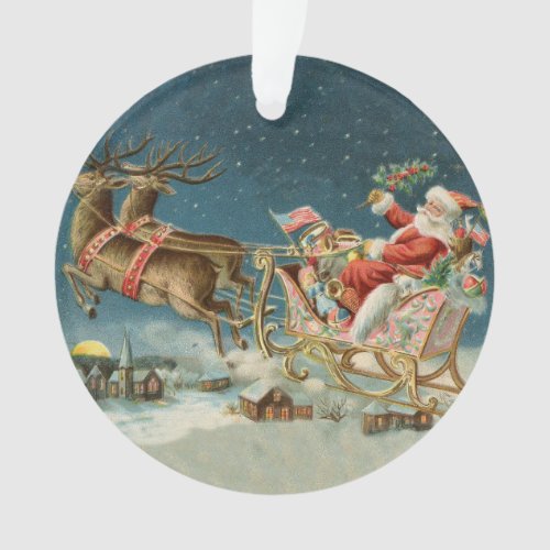 Santa Claus Christmas Antique Sleigh Reindeer Ornament