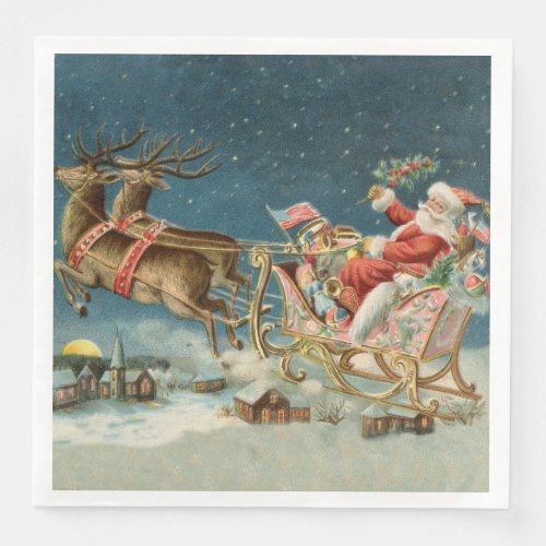 Santa Claus Christmas Antique Sleigh Reindeer Paper Dinner Napkins