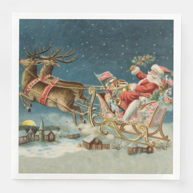 Santa Claus Christmas Antique Sleigh Reindeer Paper Dinner Napkins (Front)