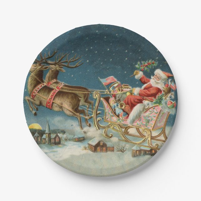 Santa Claus Christmas Antique Sleigh Reindeer Paper Plates (Front)