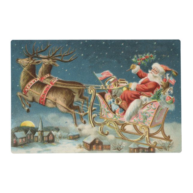 Santa Claus Christmas Antique Sleigh Reindeer Placemat (Front)