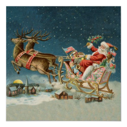 Santa Claus Christmas Antique Sleigh Reindeer Poster