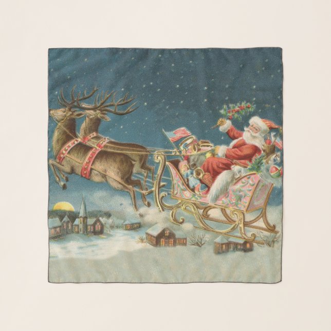 Santa Claus Christmas Antique Sleigh Reindeer Scarf (Front)