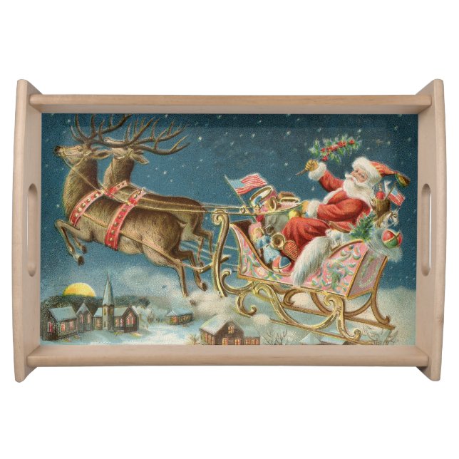 Santa Claus Christmas Antique Sleigh Reindeer Serving Tray (Front)