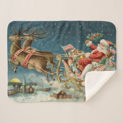 Santa Claus Christmas Antique Sleigh Reindeer Sherpa Blanket