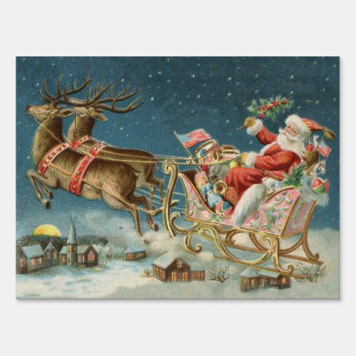 Santa Claus Christmas Antique Sleigh Reindeer Sign