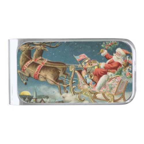 Santa Claus Christmas Antique Sleigh Reindeer Silver Finish Money Clip