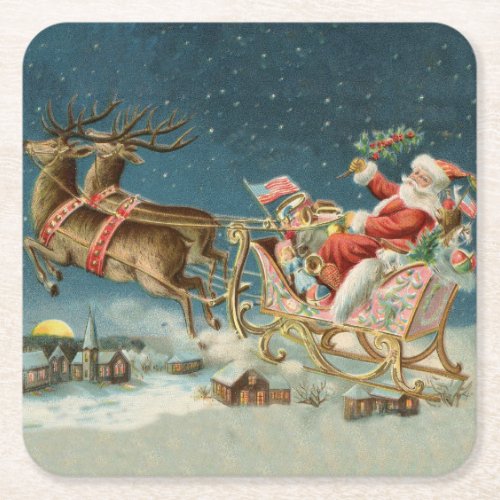 Santa Claus Christmas Antique Sleigh Reindeer Square Paper Coaster