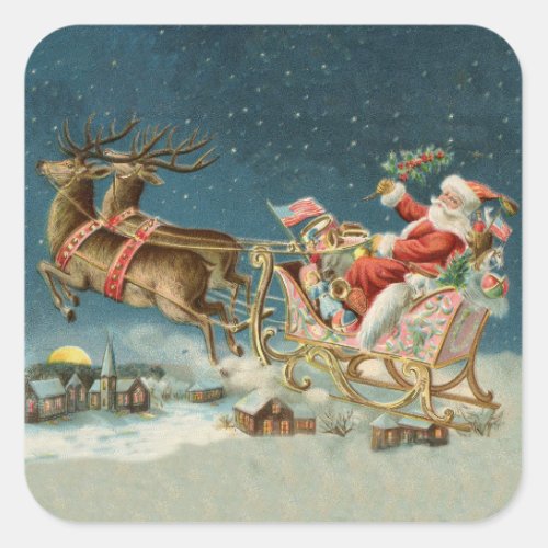 Santa Claus Christmas Antique Sleigh Reindeer Square Sticker