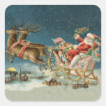 Santa Claus Christmas Antique Sleigh Reindeer Square Sticker