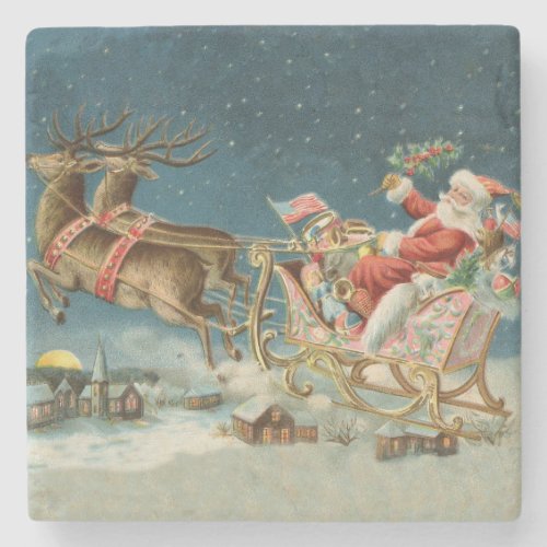 Santa Claus Christmas Antique Sleigh Reindeer Stone Coaster