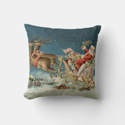 Santa Claus Christmas Antique Sleigh Reindeer Throw Pillow