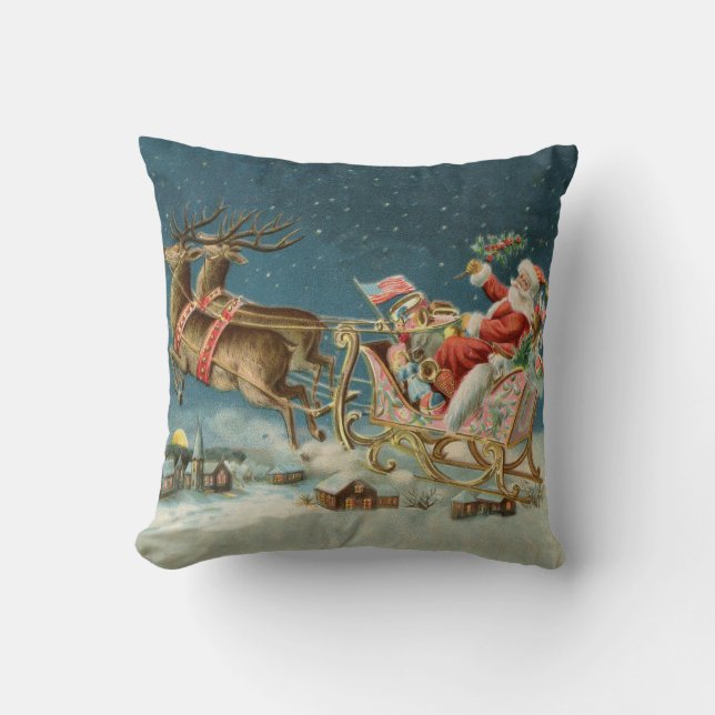 Santa Claus Christmas Antique Sleigh Reindeer Throw Pillow (Front)
