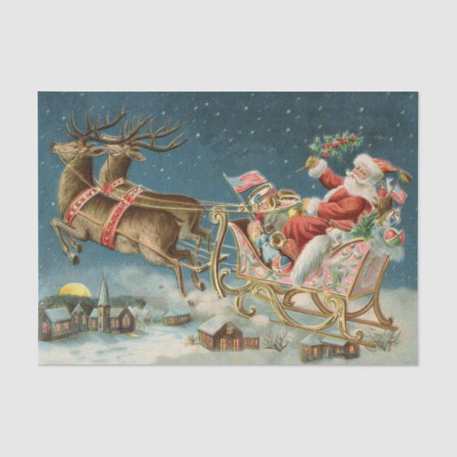 Santa Claus Christmas Antique Sleigh Reindeer Tissue Paper (Front)